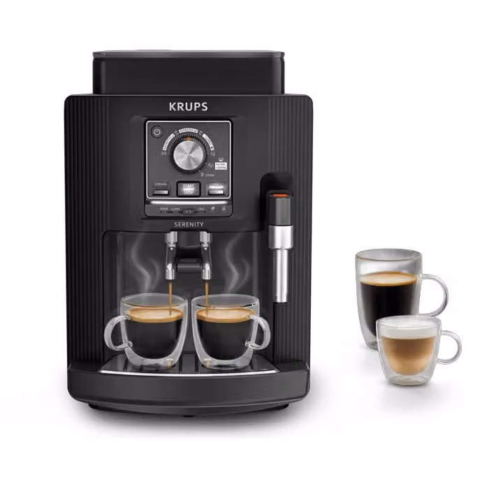 Cafetera superautomática Krups Serenity con espumador de leche y molinillo de café en grano, 15 bares, depósito de 1,7 l, Negro