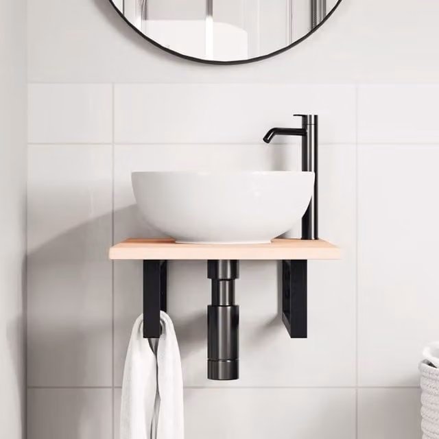 Estante de lavabo de pared SYFAX de madera maciza de roble y acero en negro, marrón o blanco