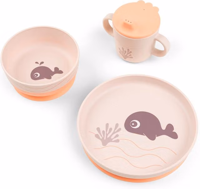 Set de vajilla de aprendizaje Done by Deer con plato, bowl con ventosa y taza en color rosa