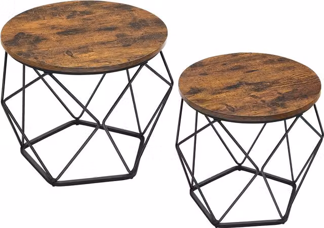 Juego de 2 mesas de centro redondas Vasagle de estilo industrial con tablero de MDF laminado en marrón y estructura de metal negra para salón o dormitorio