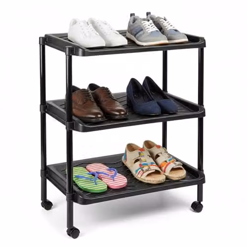 Zapatero COSHANO de plástico con ruedas y 3 niveles en color negro para pasillo o dormitorio