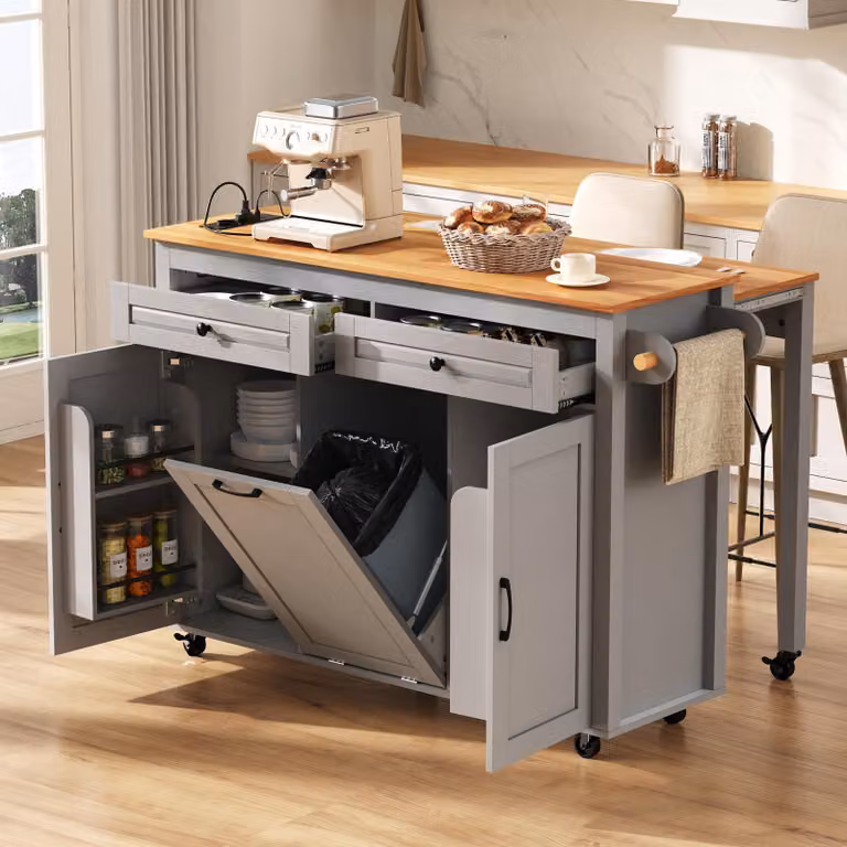 Isla de cocina STILVORA con ruedas y encimera extensible, color gris mate, con enchufes y compartimento para cubos de basura, An/P/Al: 120 x 40 x 92 cm