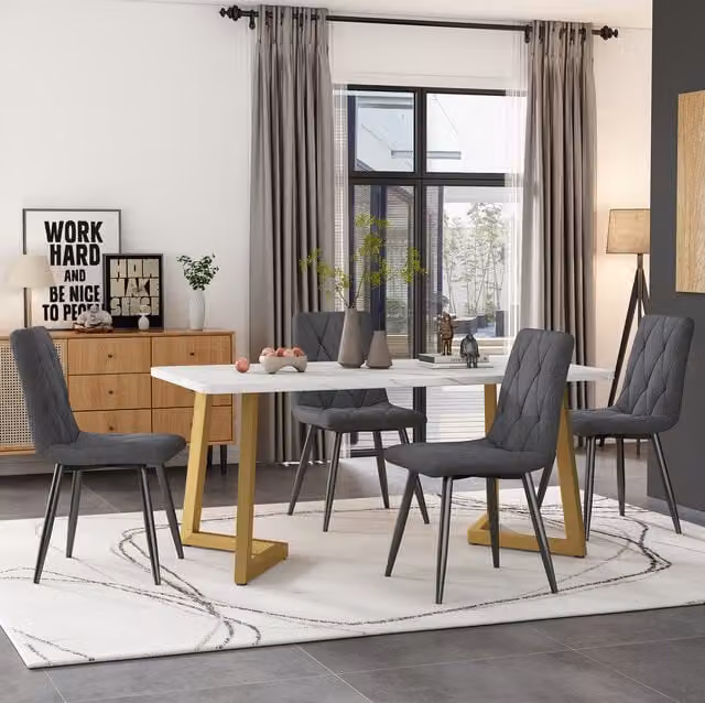 Conjunto de comedor BEAOK de 5 piezas con mesa rectangular de MDF y 4 sillas, diseño moderno en gris, blanco, negro y dorado, An/P/Al: 117 x 68 x 75 cm