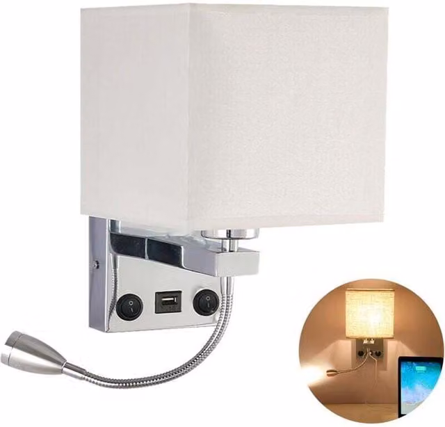 Lámpara de pared ODIPIE con brazo giratorio ajustable, luz de lectura LED con puerto USB y casquillo E27 para dormitorio o salón, color blanco y plata