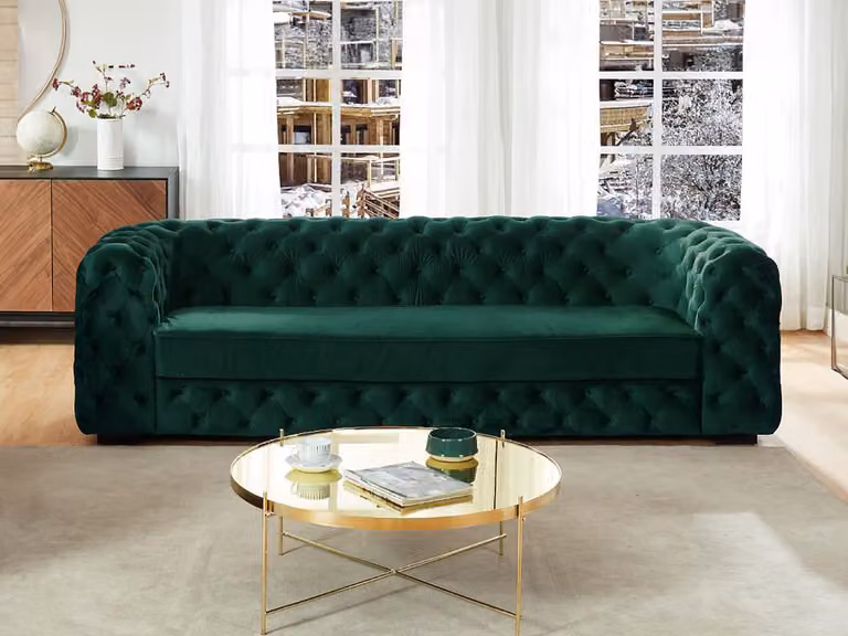 Sofá Chesterfield de 3 plazas VENTE-UNIQUE en terciopelo verde con estructura de madera sólida