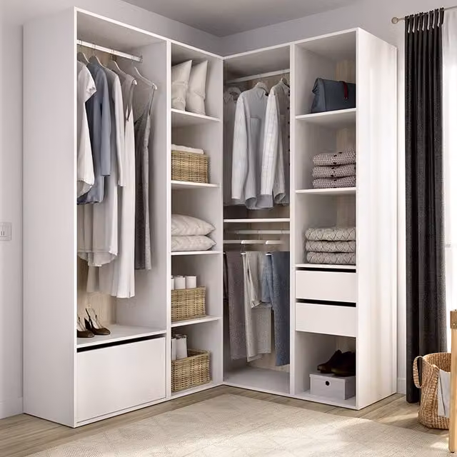 Armario modular con puertas correderas y cajones integrados DMORA en color blanco y roble, An: 145 cm, Al: 205 cm