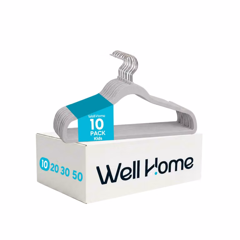 Set de 10 perchas infantiles de terciopelo antideslizantes Well Home en color gris con ganchos giratorios