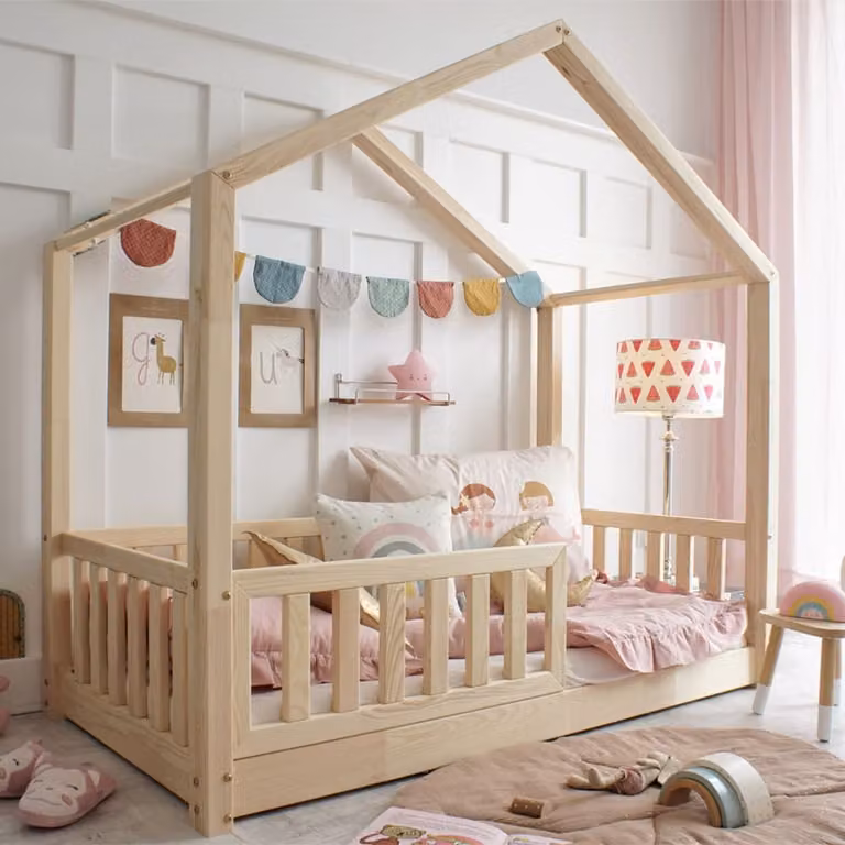 Cama cabaña para niños Petits meubles de madera de pino natural con barandilla An/P/Al: 190 x 90 x 160 cm