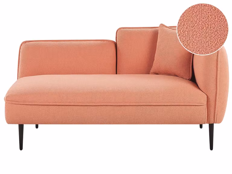 Chaise longue Beliani en forma de L con tapizado de tejido bouclé en color rosa melocotón y orientación derecha