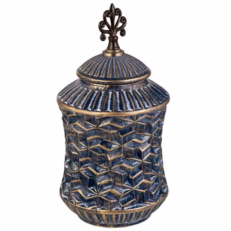 Jarrón decorativo Wanderlust deco de cerámica y metal con diseño geométrico boho en azul, blanco y dorado, An/P/Al: 17 x 17 x 34 cm