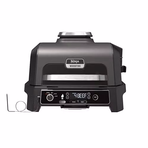 Ninja Woodfire Pro XL, Parrilla Eléctrica y Freidora de Aire con Ahumador, Gris y Negro