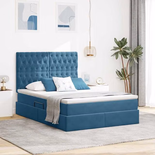 Cama con almacenamiento Maison exclusive en terciopelo azul con colchón híbrido y puerto de carga USB, An/P/Al: 140 x 200 x 280 cm