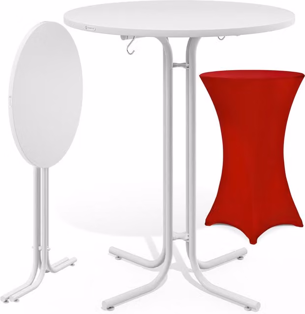 Mesa de bar redonda blanca Casaria con funda roja, altura ajustable y resistente a los rayos UV, An: 110 cm, P: 80 cm, Al: 80 cm