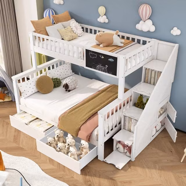 Litera MODENVIE para niños con almacenaje en escalera, cajones y estante, fabricada en madera y MDF, color blanco, An/P/Al: 140 x 200 x 120 cm y 90 x 200 x 11 cm