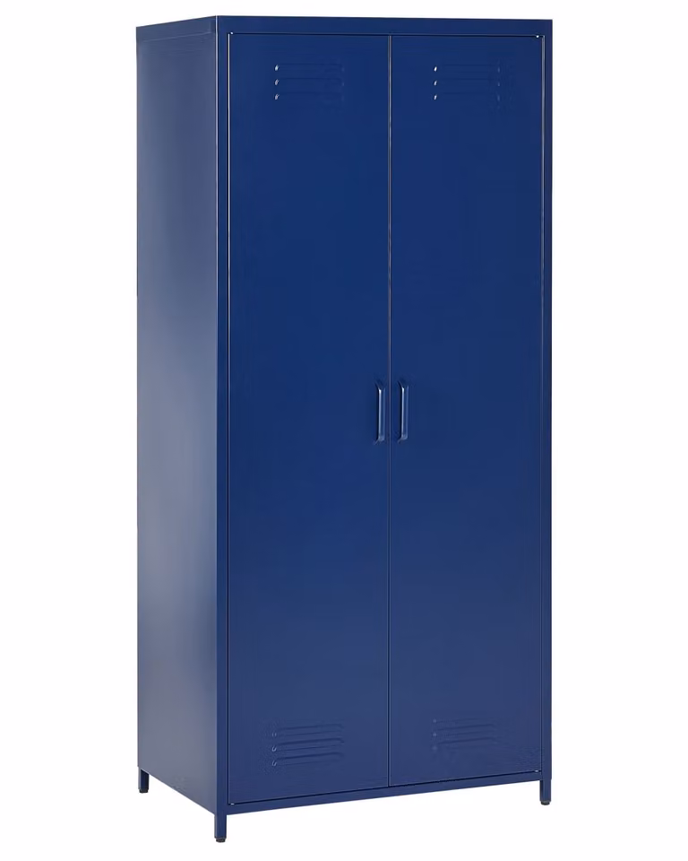 Mueble de oficina industrial Beliani en metal azul mate con puertas batientes y estantes internos