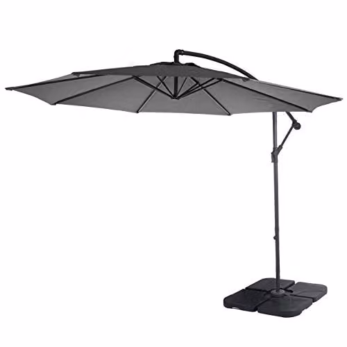 Sombrilla Mendler Acerra con soporte en color gris antracita, fabricada en poliéster y acero, con un diámetro de 2,95 m