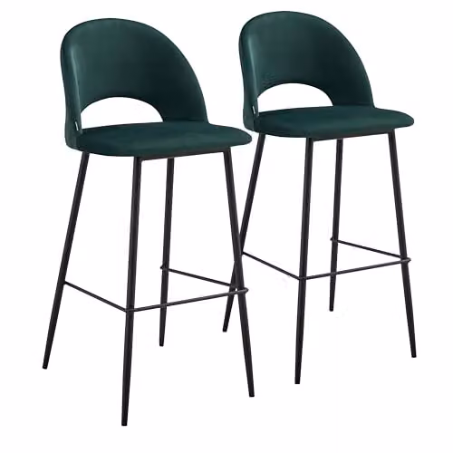 Oviala Juego de 2 sillas altas modernas de terciopelo verde y metal para cocina