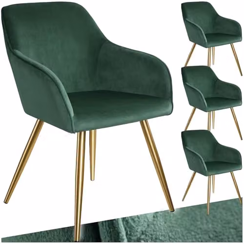 Set de 4 sillas de comedor tectake de terciopelo con reposabrazos, color verde y dorado, An/P/Al: 58 x 62 x 82 cm