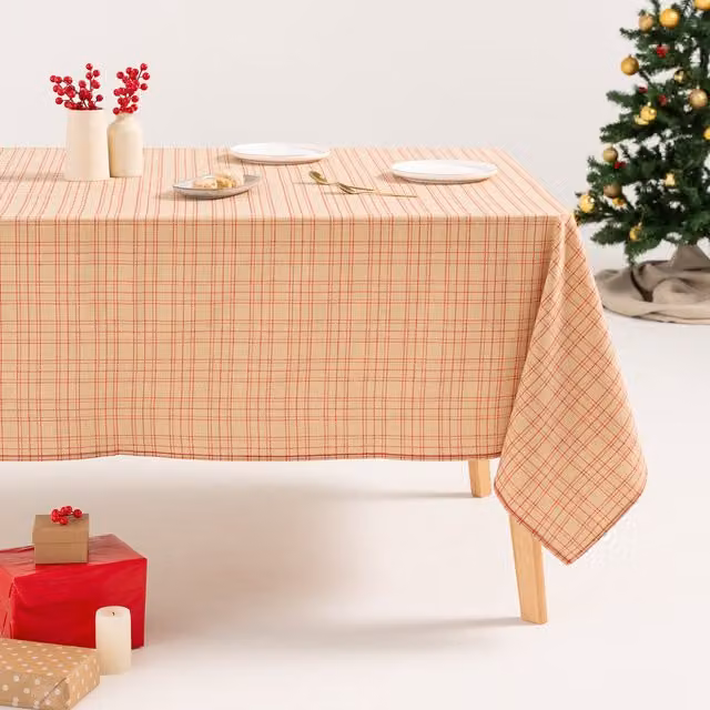 Mantel de Navidad Gamusi de Jacquard con Cuadros en Beige, Rectangular, An/P: 140 x 240 cm