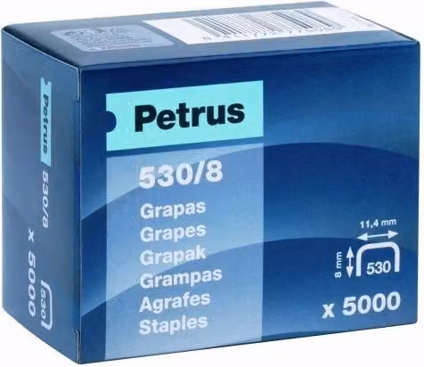 Grapas de acero Petrus 530/8 de 8 mm en caja de 5000 unidades