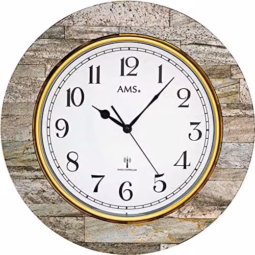 Reloj de pared analógico AMS F5569 con diseño moderno de madera y piedra en colores marrón, dorado y blanco, An/P/Al: 50 x 50 x 5 cm