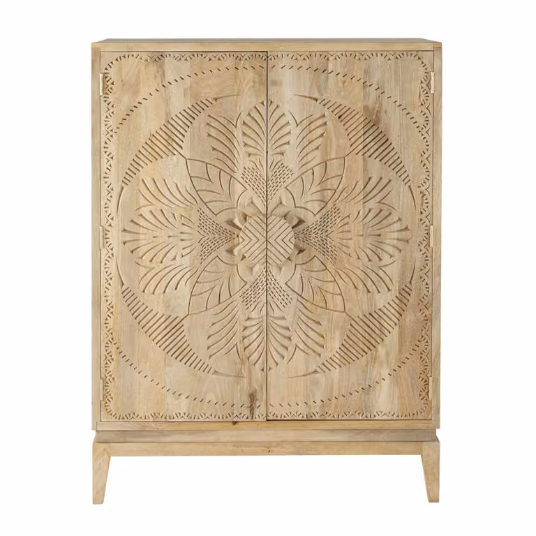 Armario de 2 puertas de madera de mango recuperada con grabado floral de Maisons du Monde en color marrón, An: 100 cm