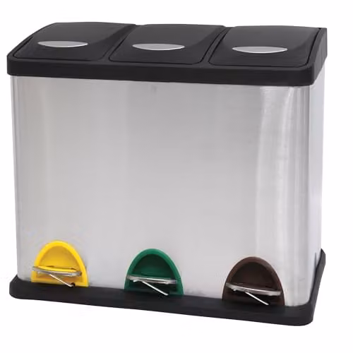 Papelera de acero inoxidable MSV con 3 compartimentos y pedal, color plata, An/P/Al: 46 x 26,5 x 39,5 cm