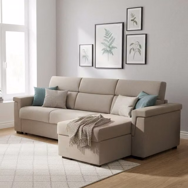 Sofá cama con chaise longue DMORA, reversible y desenfundable, fabricado en Italia con estructura de madera sólida, An/P/Al: 285 x 160 x 100 cm