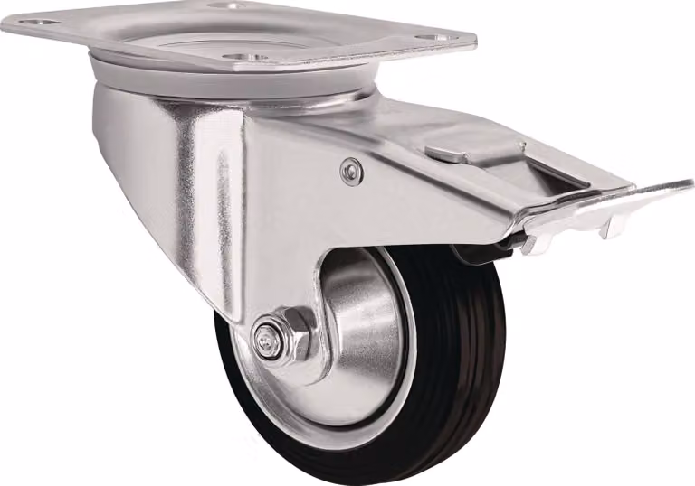 Rueda giratoria con base fija TECWERK de caucho y acero, diámetro de 200 mm, capacidad de carga de 205 kg, base de 135 x 110 mm, color azul y plata