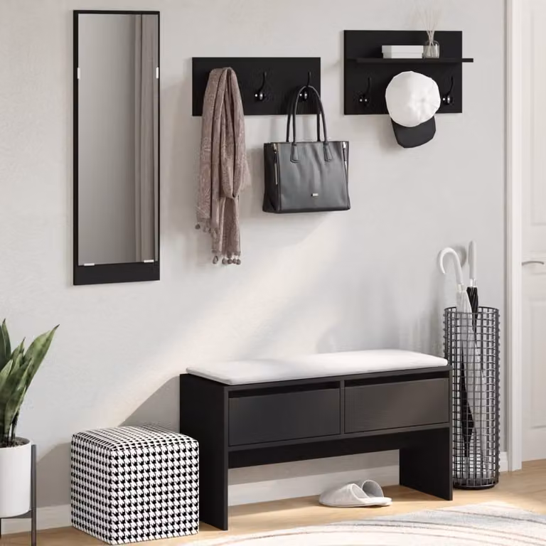 Set de muebles de recibidor moderno vidaXL de 4 piezas en madera MDF negro mate con banco, espejo, perchero y zapatero