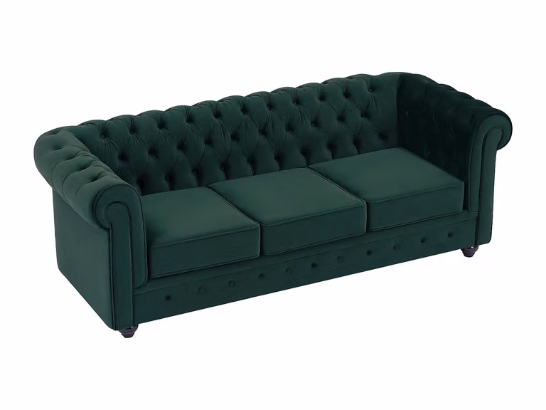 Sofá Chesterfield de 3 plazas Vente-Unique en terciopelo verde, An: 205 cm, Al: 88 cm, P: 72 cm