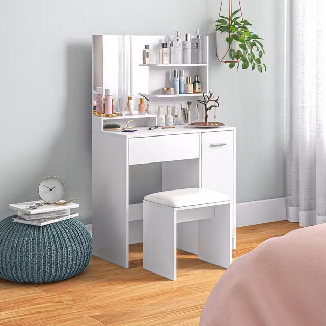 Tocador de maquillaje Homcom en color blanco y beige con acabado mate, An/P/Al: 80 x 40 x 132 cm