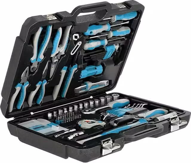 Maletín de herramientas de 84 piezas con bits, dados, llaves y martillos de la marca Wisent en multicolor con estuche de plástico