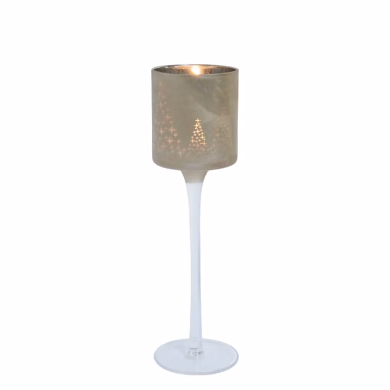 Portavelas de mesa Sia Deco para tealight de vidrio con diseño geométrico moderno en gris y dorado, Altura: 25 cm