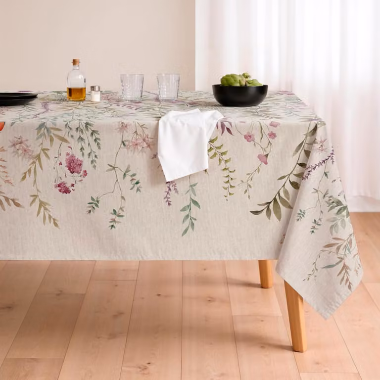 Mantel floral antimanchas Mint-Deco de algodón multicolor rosa An/P/Al: 155 x 250 cm