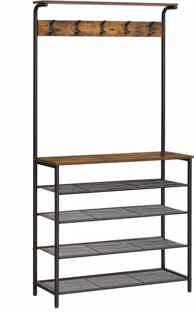 Perchero de pasillo VASAGLE con banco y zapatero, estilo industrial en color marrón y negro, ideal para dormitorio o salón