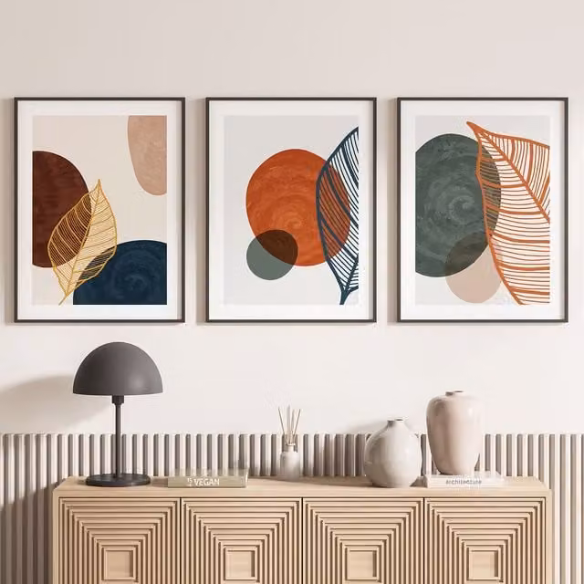 Lote de 3 pósteres decorativos de papel Lumalea con diseño boho floral y abstracto en colores blanco y multicolor, An/P: 50 x 70 cm