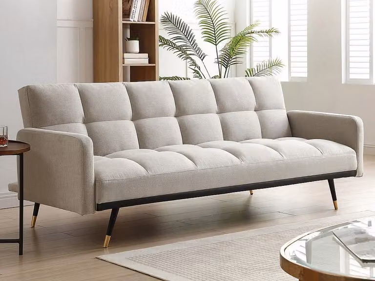 Sofá cama de 3 plazas ROREMA en tela beige con estructura de madera sólida y sistema click clack para salón An/P/Al: 193 x 82 x 75 cm