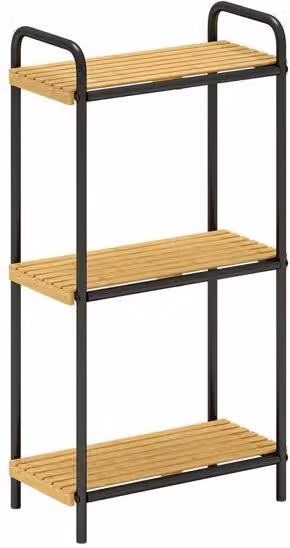 Estantería de baño y salón Homcom de 3 niveles en bambú y acero, diseño moderno con baldas abiertas, color marrón y negro, An/P/Al: 41,5 x 21,5 x 77,5 cm