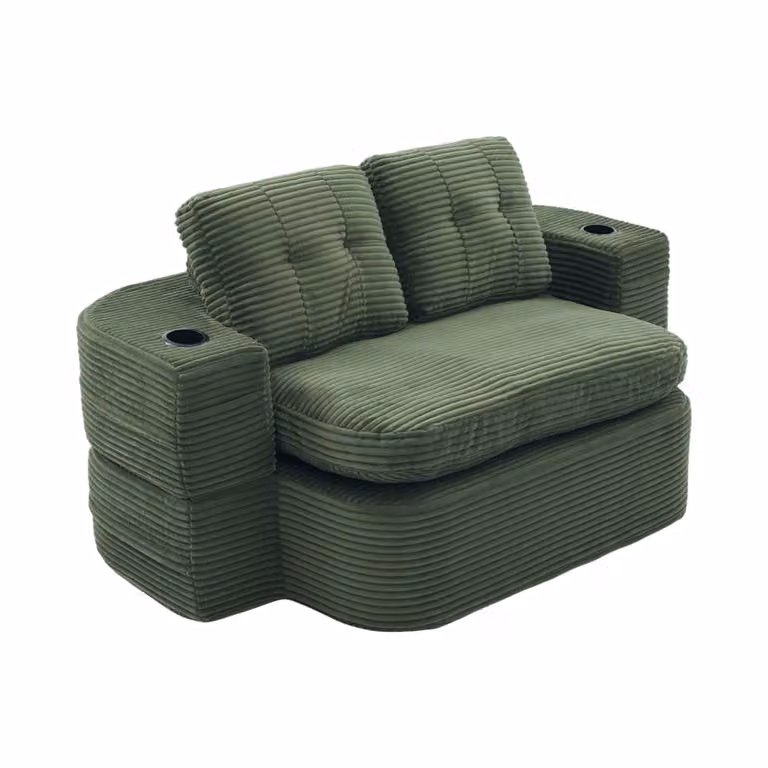 Sillón relax reclinable OKWISH de pana verde con doble portavasos y reposabrazos