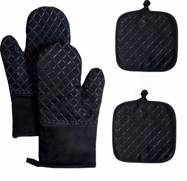 Juego de 4 guantes de horno y rejillas XISRENS de silicona antideslizante resistente al calor hasta 260 °C en color negro