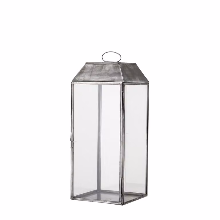 Linterna de mesa moderna Bloomingville en metal y cristal color gris con diseño rectangular para velas pillar