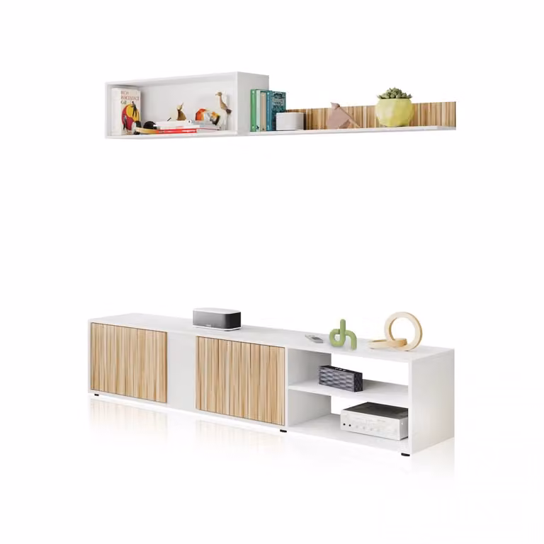 Conjunto de salón Alix de DUEHOME con mueble de TV y estantería en blanco mate y natur, An/P/Al: 180 x 40 x 33 cm