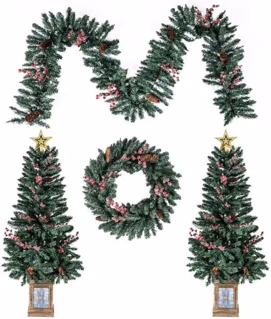 Set de Árbol de Navidad Artificial NORTHIX de 4 piezas con Guirnalda y Corona en color Verde, Altura: 120 cm
