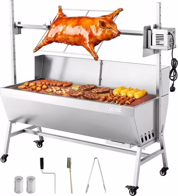 Asador giratorio eléctrico VEVOR de acero inoxidable color plata con ruedas y 4 niveles de altura para barbacoas