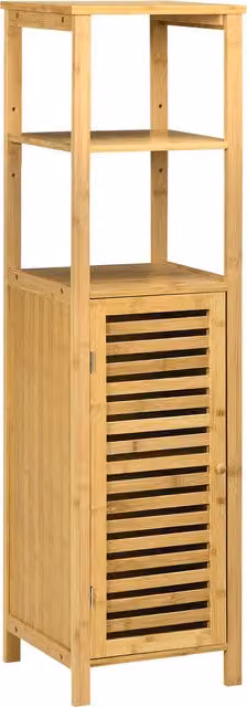 Armario auxiliar de baño de bambú kleankin con estantes y puertas de rejilla, color beige, An/P/Al: 32,9 x 29,9 x 120 cm