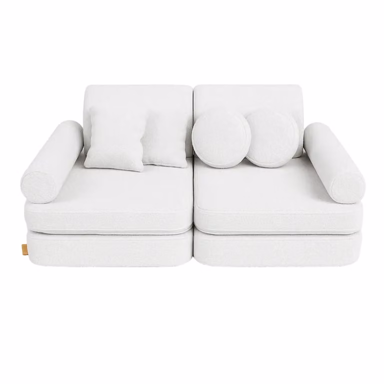 Sofá modular infantil MeowBaby de 10 piezas en tejido bouclé blanco con fundas extraíbles y función de cama