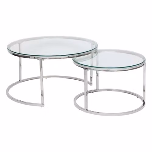 Set de 2 mesas nido Kneo de Atmosphera en color plata con superficie de cristal y diseño moderno An/P/Al: 80 x 80 x 43,2 cm