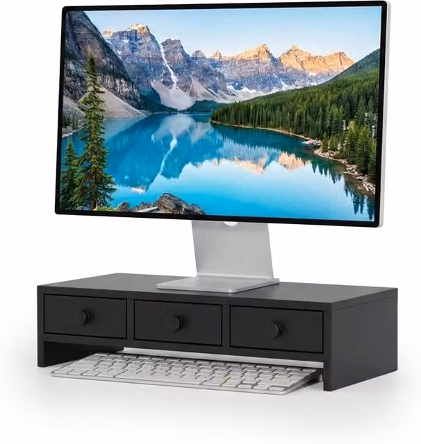 Soporte para monitor de escritorio Relaxdays con 3 cajones, madera, negro, An/P/Al: 51 x 24 x 12,5 cm