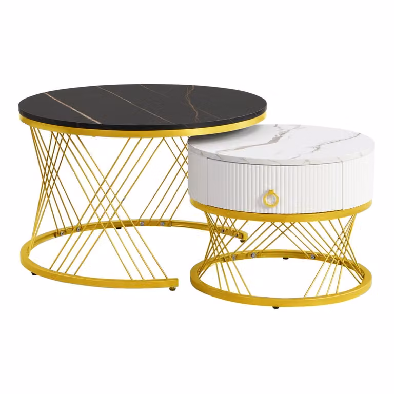 Conjunto de 2 mesas de centro nido OKWISH de diseño moderno con acabado abstracto en negro y dorado, fabricadas en MDF laminado, An/P/Al: 70 x 70 x 45 cm